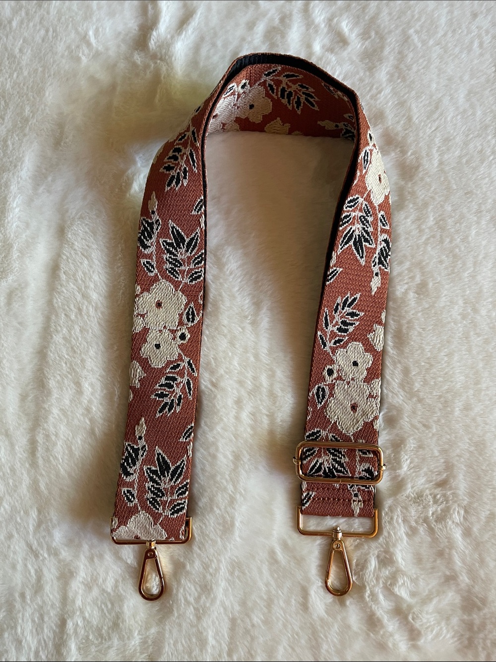 Adjustable Rust Floral Shoulder Strap with Gold Hardware